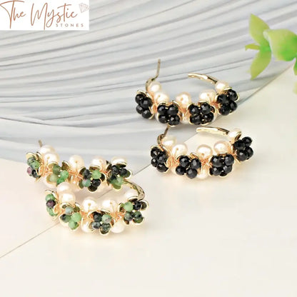 Gold Pearl & Stone Floral Hoop Earrings G732