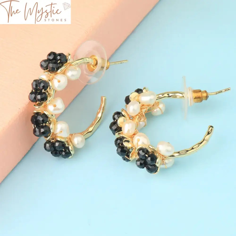 Gold Pearl & Stone Floral Hoop Earrings G732