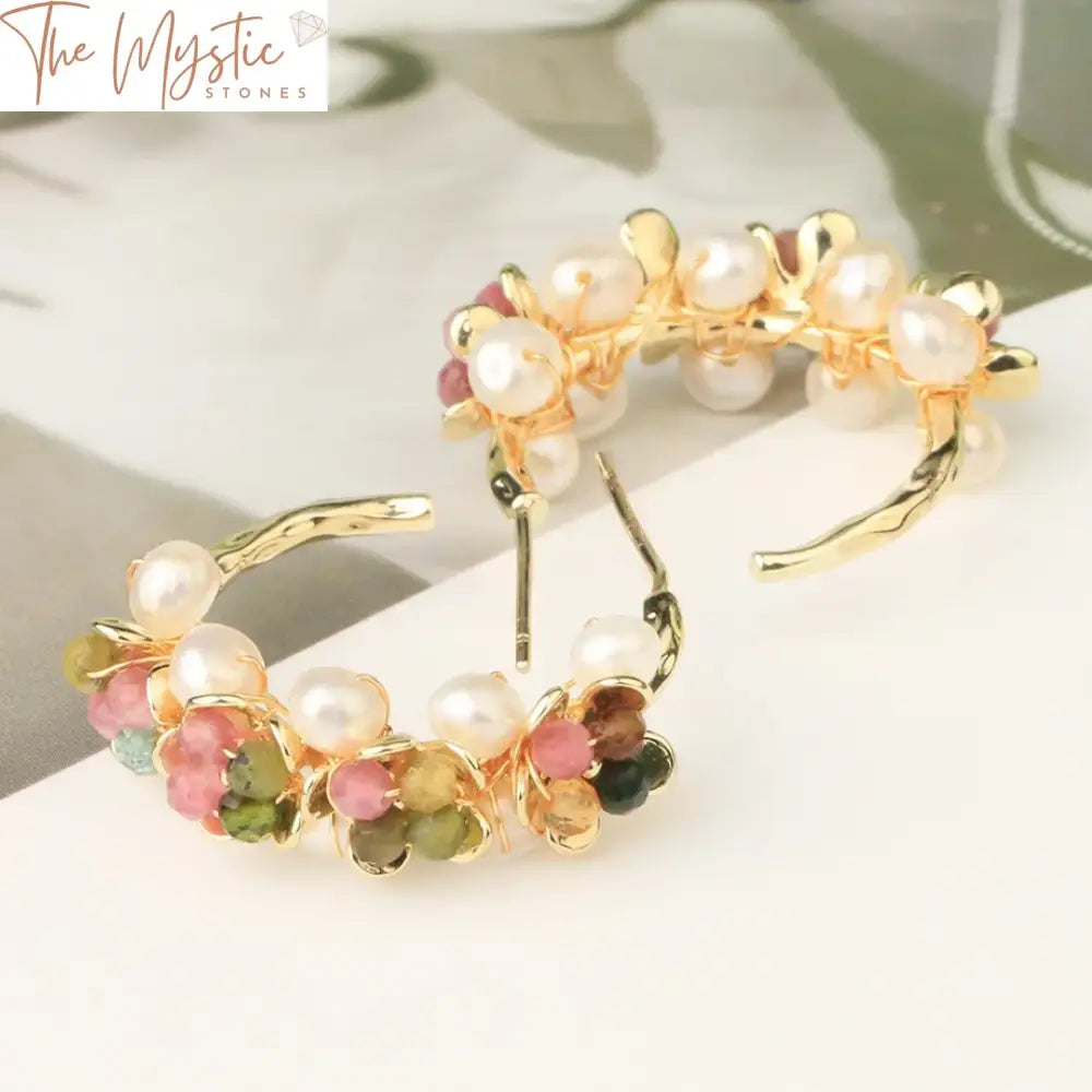 Gold Pearl & Stone Floral Hoop Earrings G732