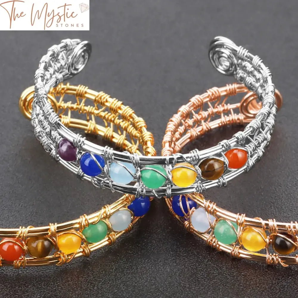 Gold-Plated Copper Wire-Wrapped 7 Chakra Natural Stone Bracelet