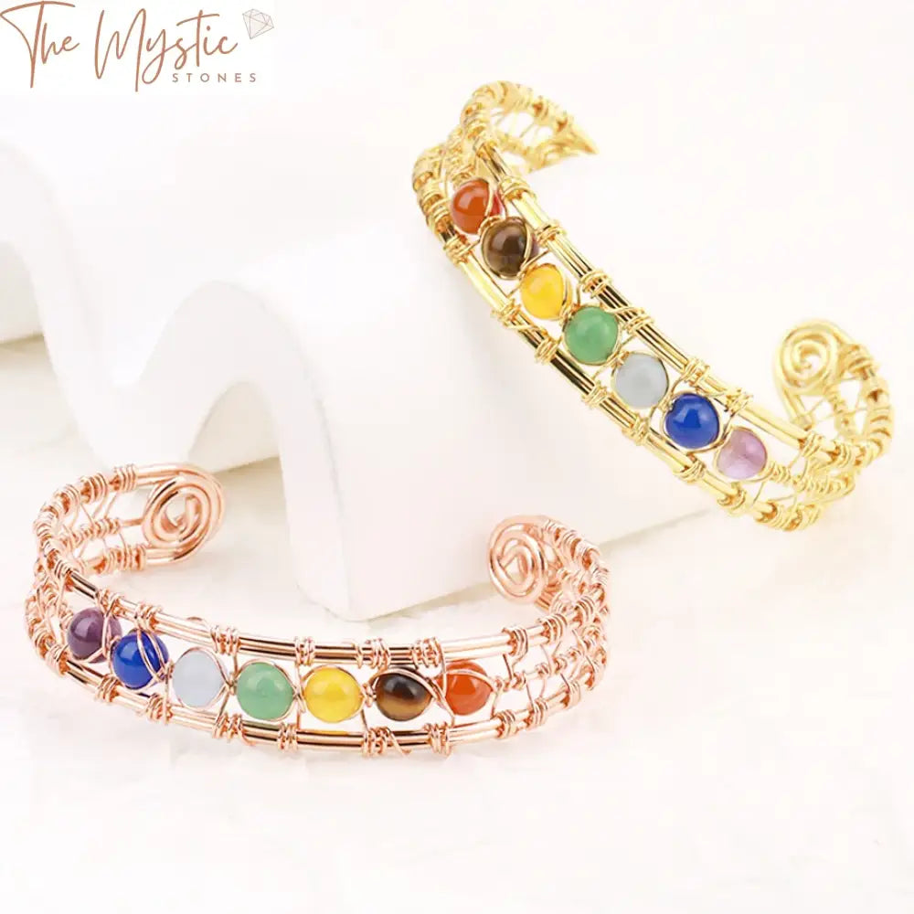 Gold-Plated Copper Wire-Wrapped 7 Chakra Natural Stone Bracelet