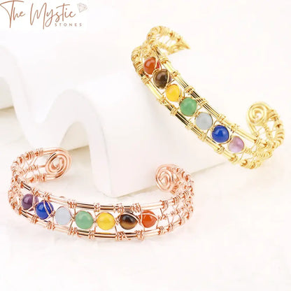 Gold-Plated Copper Wire-Wrapped 7 Chakra Natural Stone Bracelet