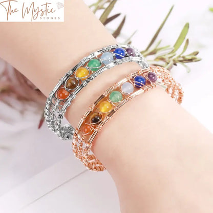 Gold-Plated Copper Wire-Wrapped 7 Chakra Natural Stone Bracelet