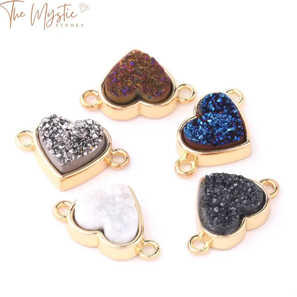 Gold-Plated Love Heart Druzy Crystal Connector Charms