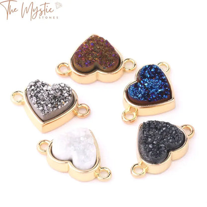 Gold-Plated Love Heart Druzy Crystal Connector Charms