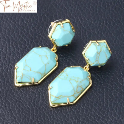 Gold Polygon Crystal Stud Earrings With Natural Stone