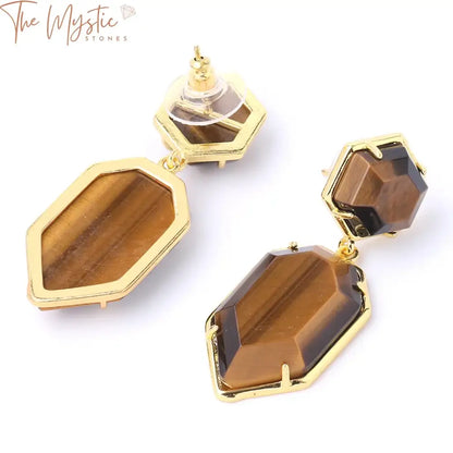 Gold Polygon Crystal Stud Earrings With Natural Stone