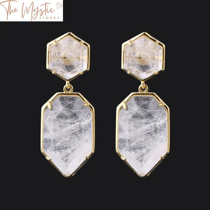 Gold Polygon Crystal Stud Earrings With Natural Stone