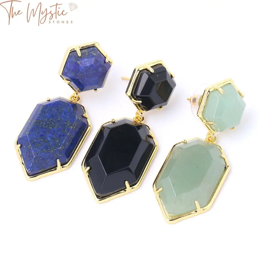 Gold Polygon Crystal Stud Earrings With Natural Stone