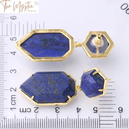 Gold Polygon Crystal Stud Earrings With Natural Stone