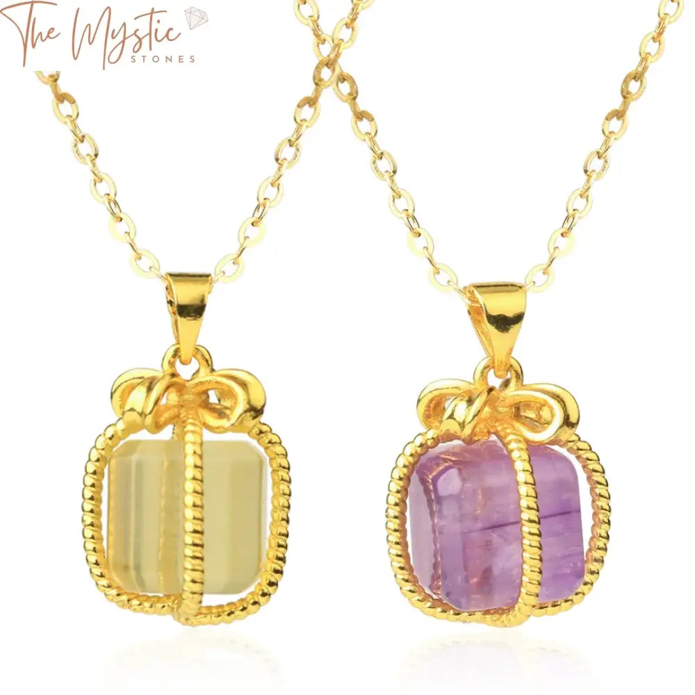 A gold-colored natural gemstone necklace with a square pendant crafted using copper wire wrapping.