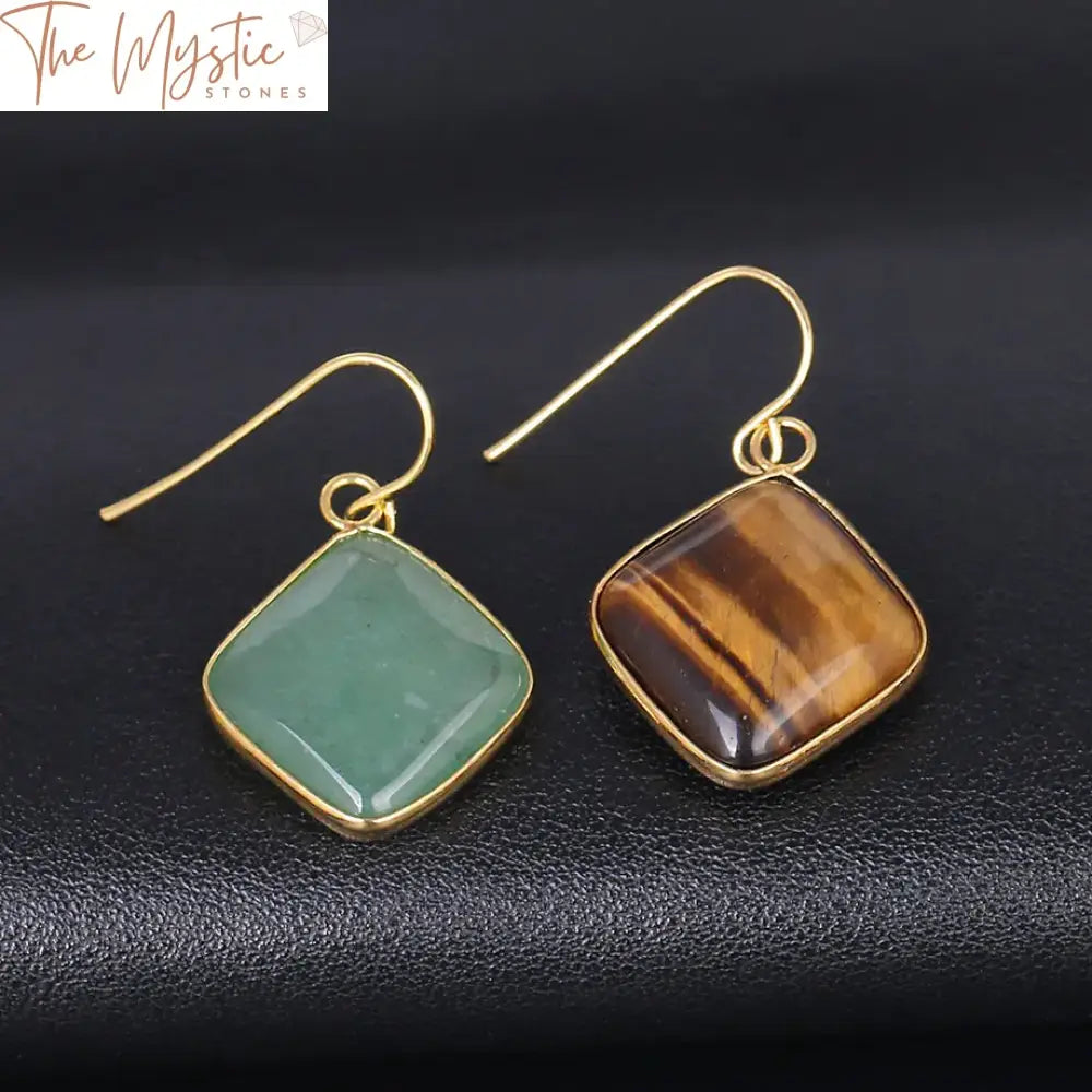 Gold Square Quartz Dangle Earrings