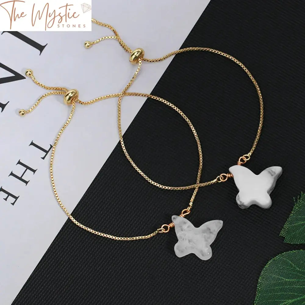 Gold Stainless Steel Butterfly Bracelet With Crystal And Natural Stone Beads