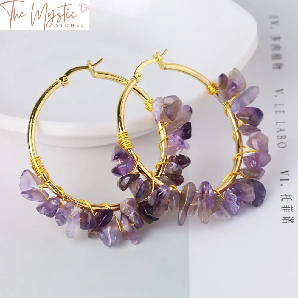 Gold Wire-Wrapped Pink Crystal Hoop Earrings