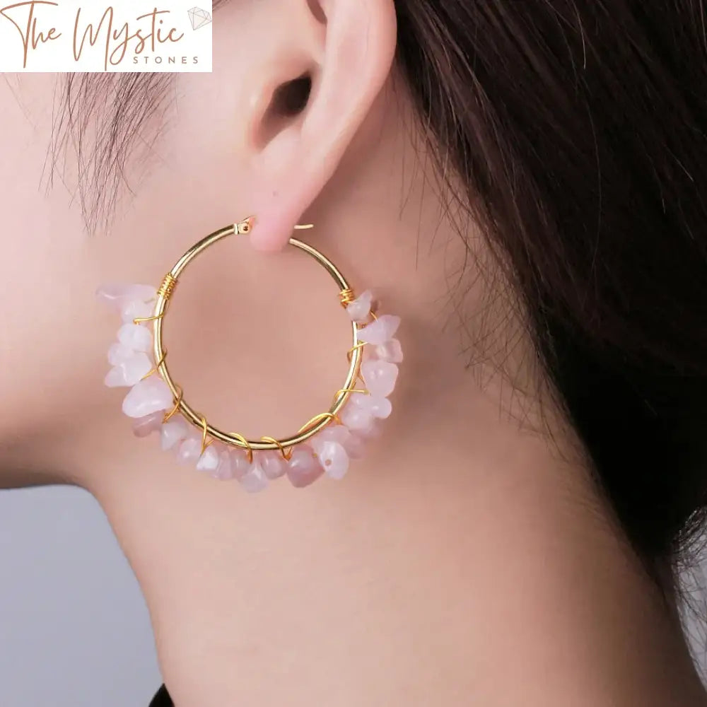 Gold Wire-Wrapped Pink Crystal Hoop Earrings