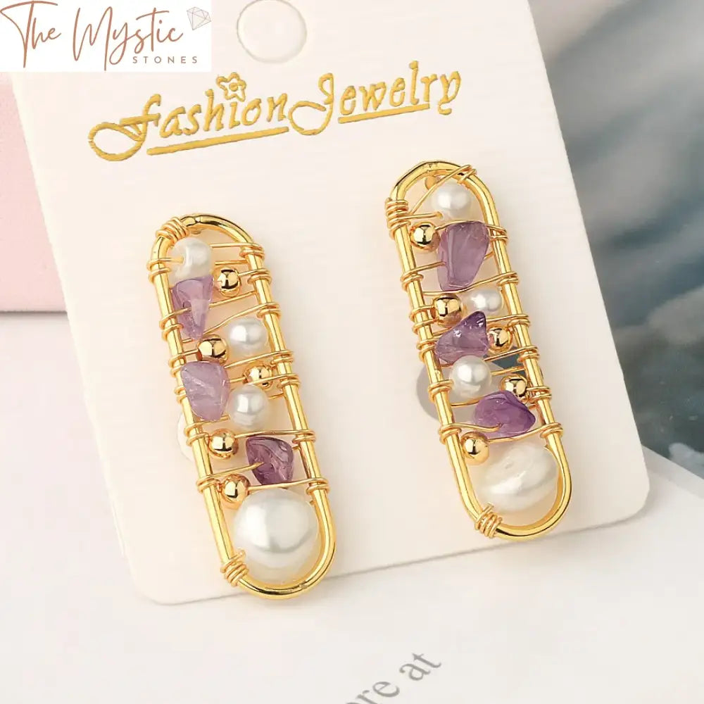 Gold Wrapped Natural Pearl & Crystal Stud Earrings