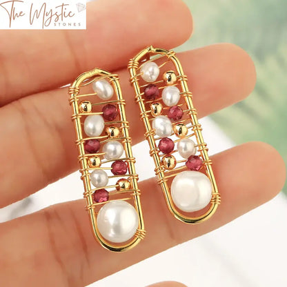 Gold Wrapped Natural Pearl & Crystal Stud Earrings