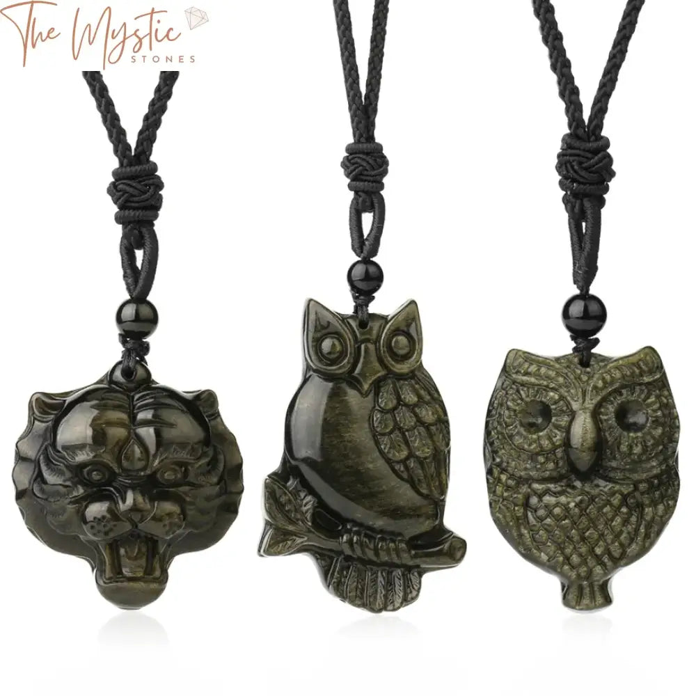 A necklace featuring a polished golden obsidian pendant intricately carved with a tiger head.