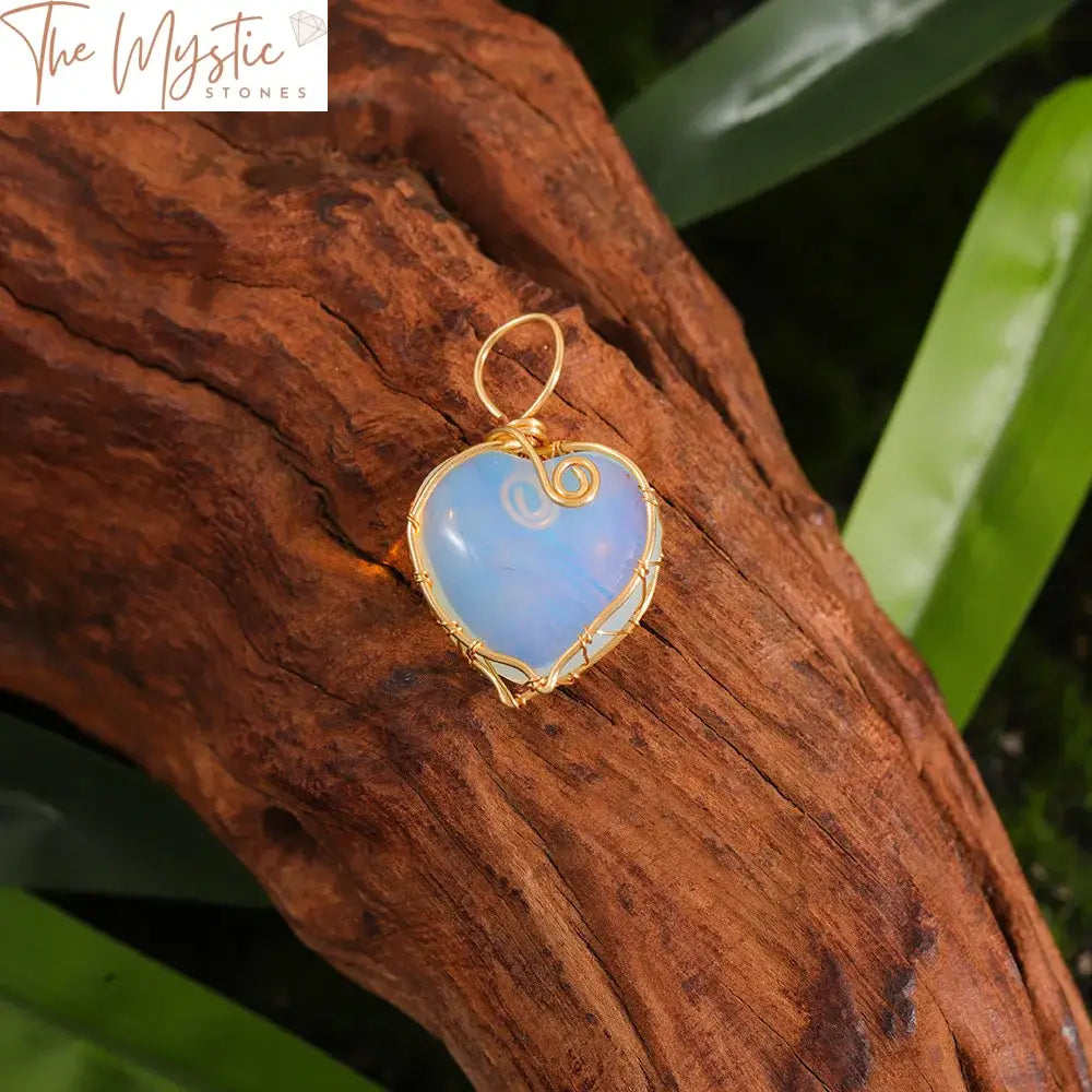 Golden Wire-Wrapped Heart Opalite Pendant