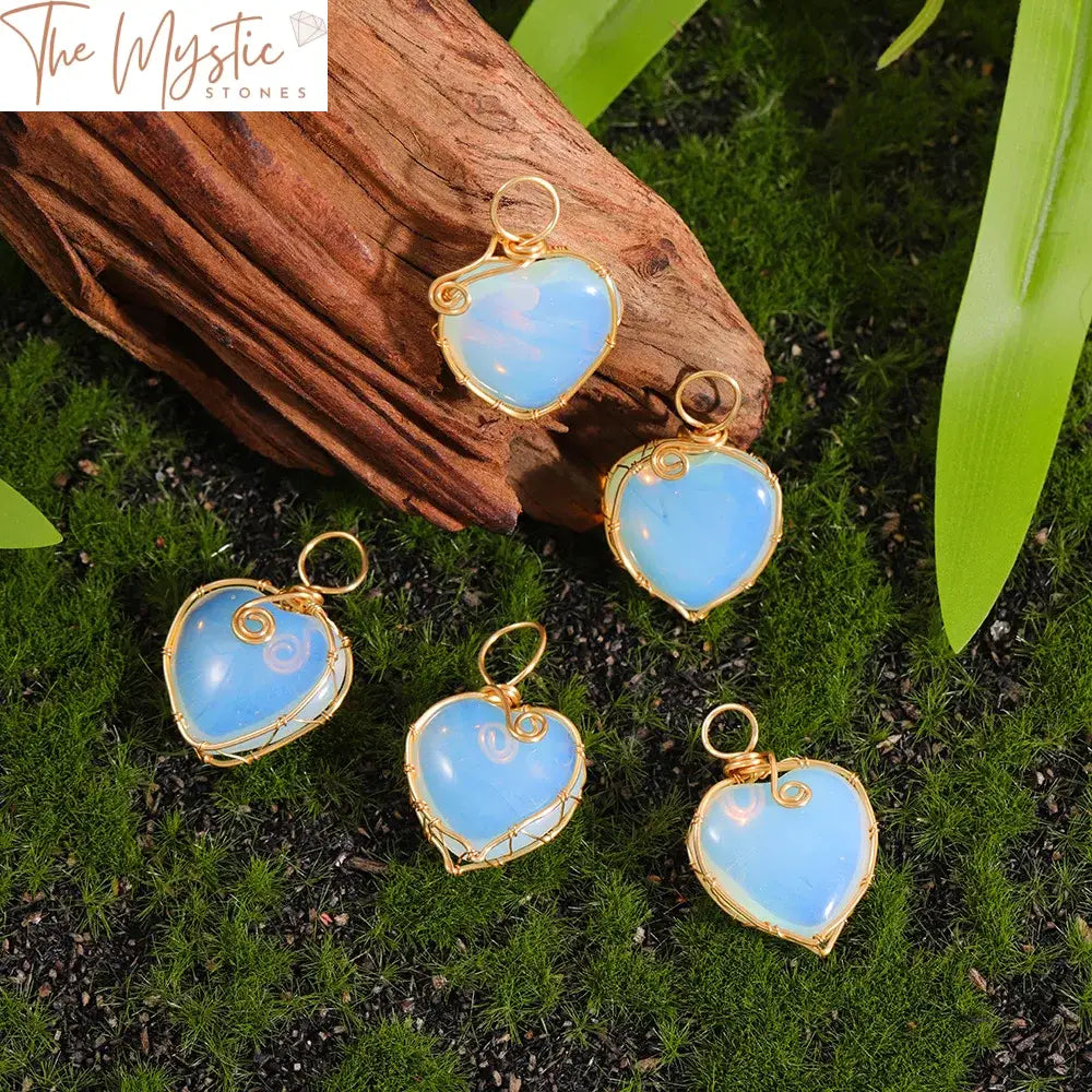 Golden Wire-Wrapped Heart Opalite Pendant