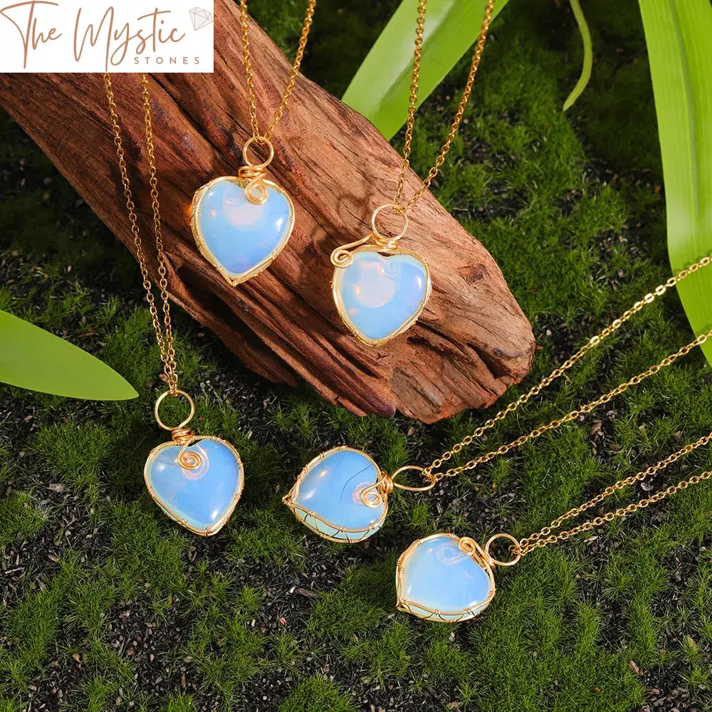 Golden Wire-Wrapped Heart Opalite Pendant