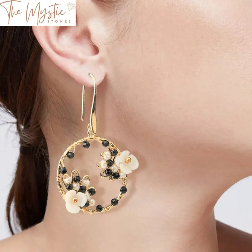 Golden Wire-Wrapped Pearl Flower Earrings