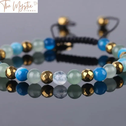 Green Aventurine And Blue Onyx Adjustable Bracelet With Gold Bead Detail