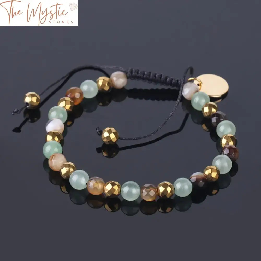 Green Aventurine And Blue Onyx Adjustable Bracelet With Gold Bead Detail