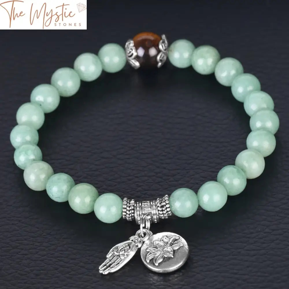 Green Aventurine And Tiger Eye Beaded Bracelet With Buddha Hand Lotus Charm