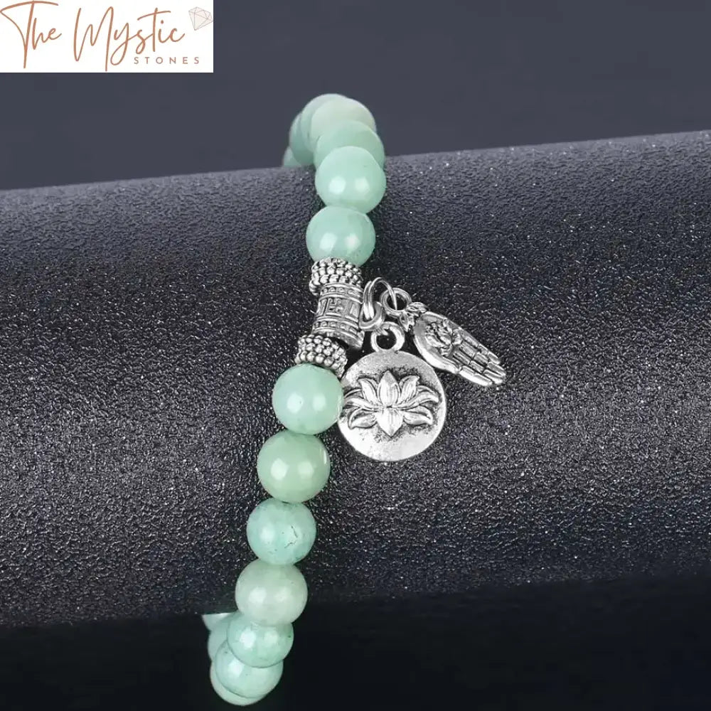 Green Aventurine And Tiger Eye Beaded Bracelet With Buddha Hand Lotus Charm