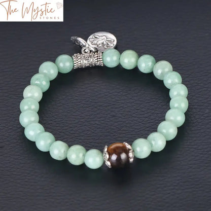 Green Aventurine And Tiger Eye Beaded Bracelet With Buddha Hand Lotus Charm