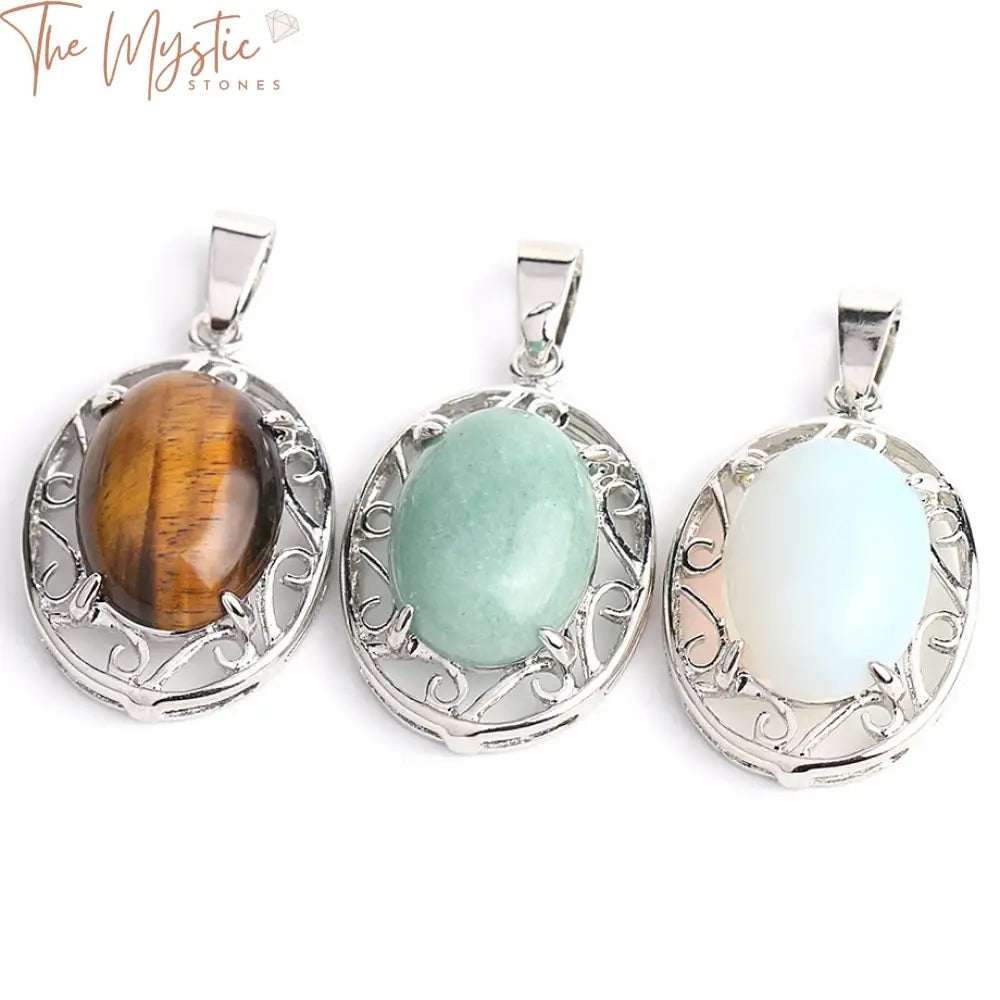 Green Aventurine & Tiger Eye Oval Pendant Necklace