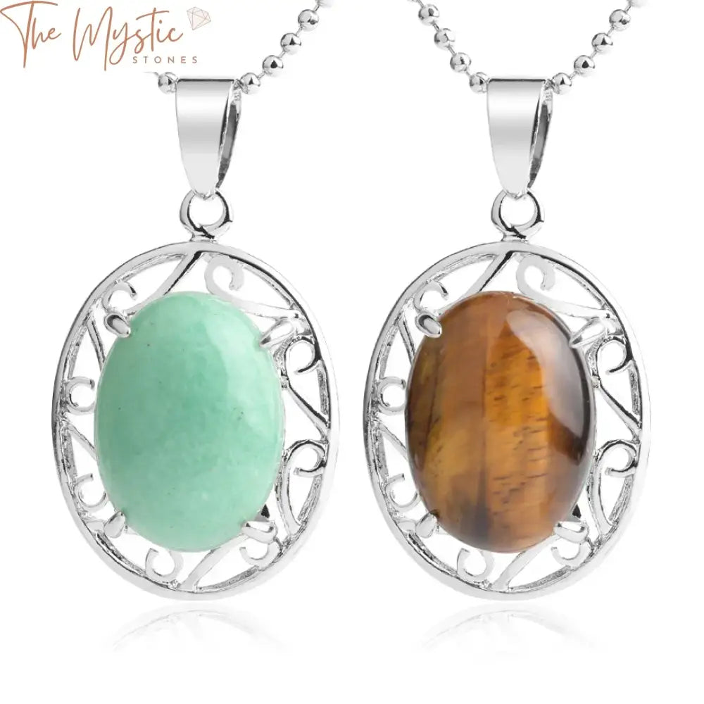 A necklace featuring an elegant, oval-shaped green aventurine stone pendant with a prong setting.