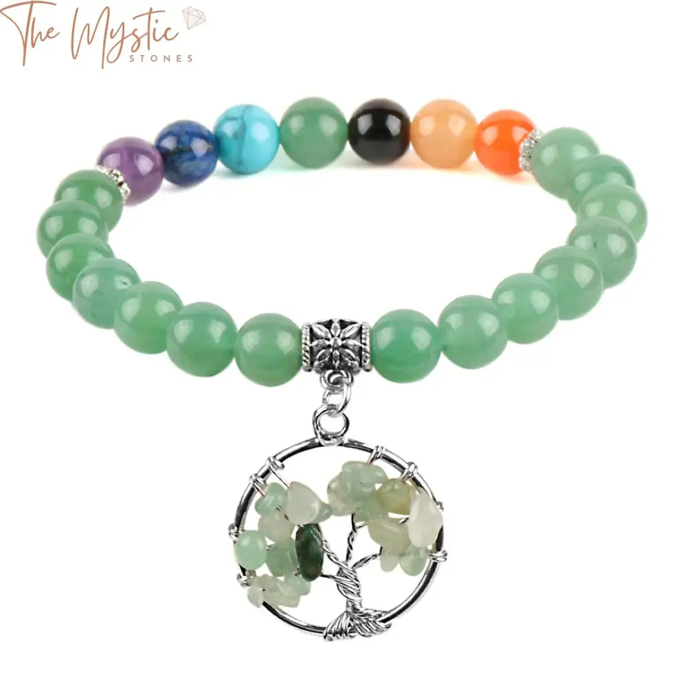 A collection of green aventurine bracelets featuring round beads, each representing the seven chakras.