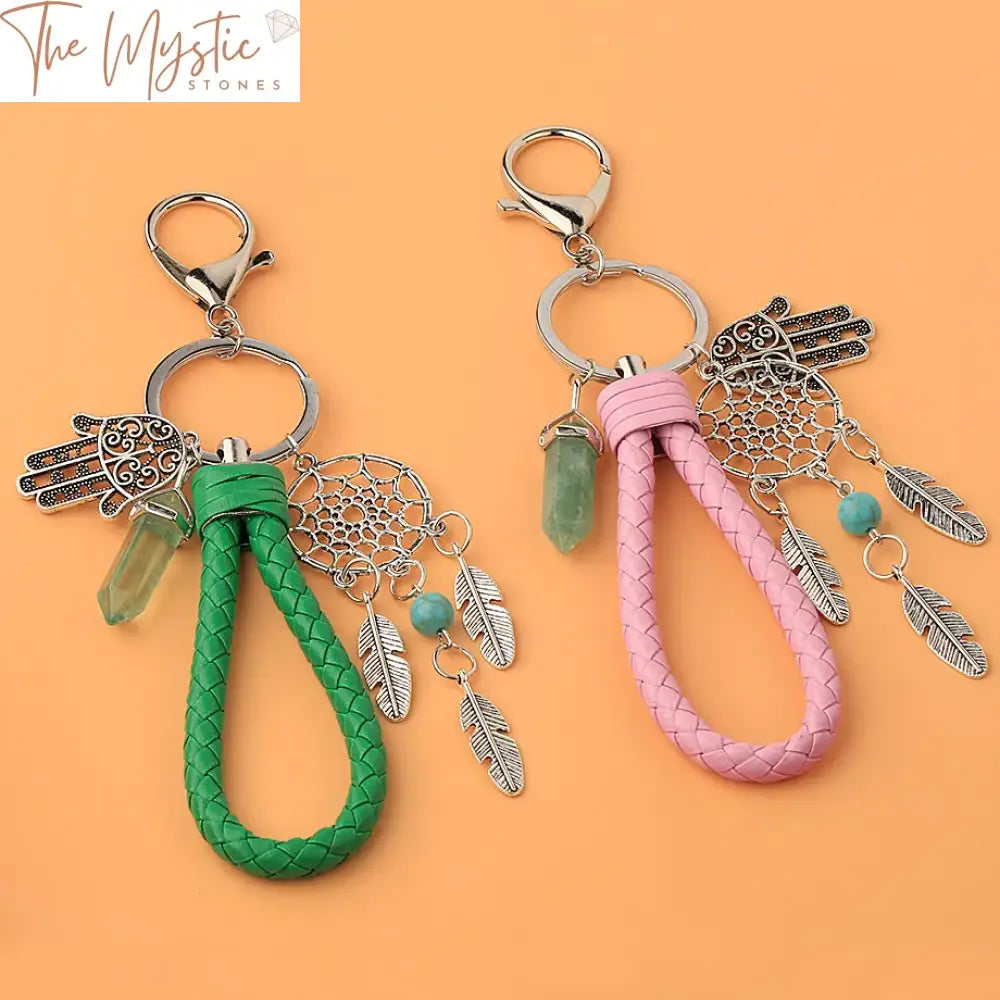 Green Fluorite Hamsa Dreamcatcher Keychain