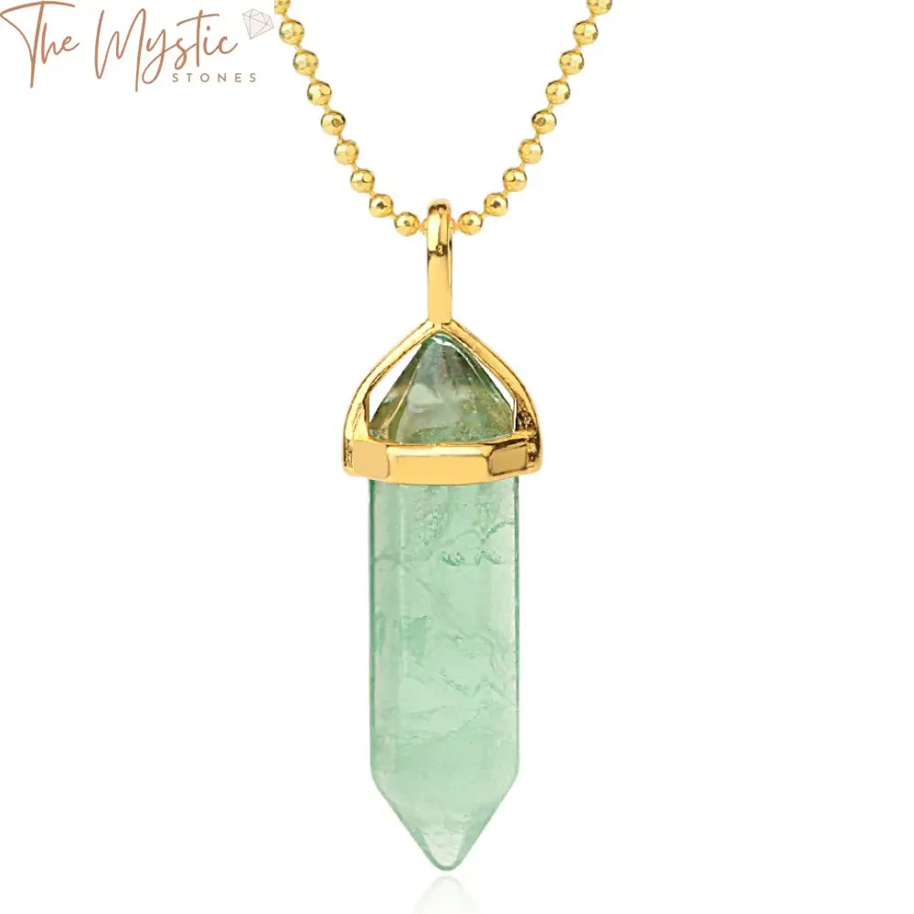 A collection of elegant necklaces featuring natural green fluorite crystal pendants.