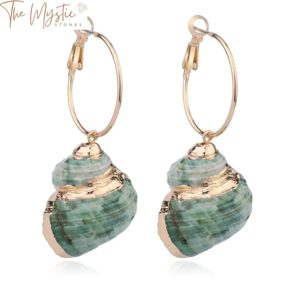 A pair of elegant earrings featuring natural spiral shell charms with a pendant style, showcasing a green snail design.