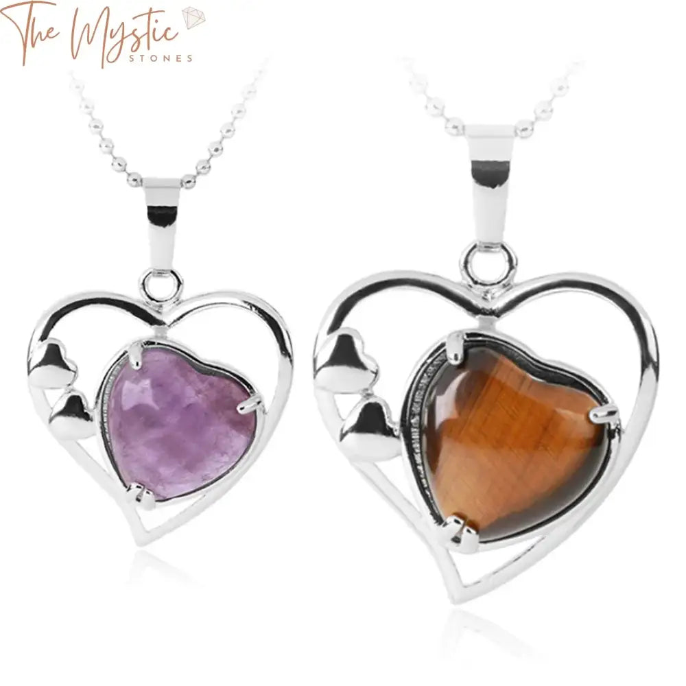 A heart-shaped pendant necklace featuring a smooth amethyst stone, known for its calming purple hue.