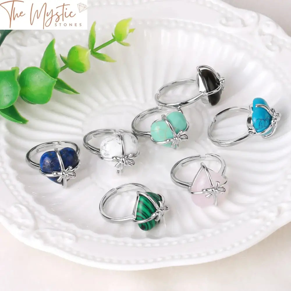 Healing Crystal Heart Bowknot Ring