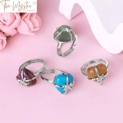 Healing Crystal Heart Bowknot Ring