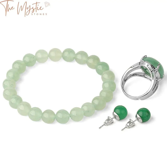 A jewelry set featuring natural stones with a healing theme, including pink quartz, purple crystal, and green aventurine.