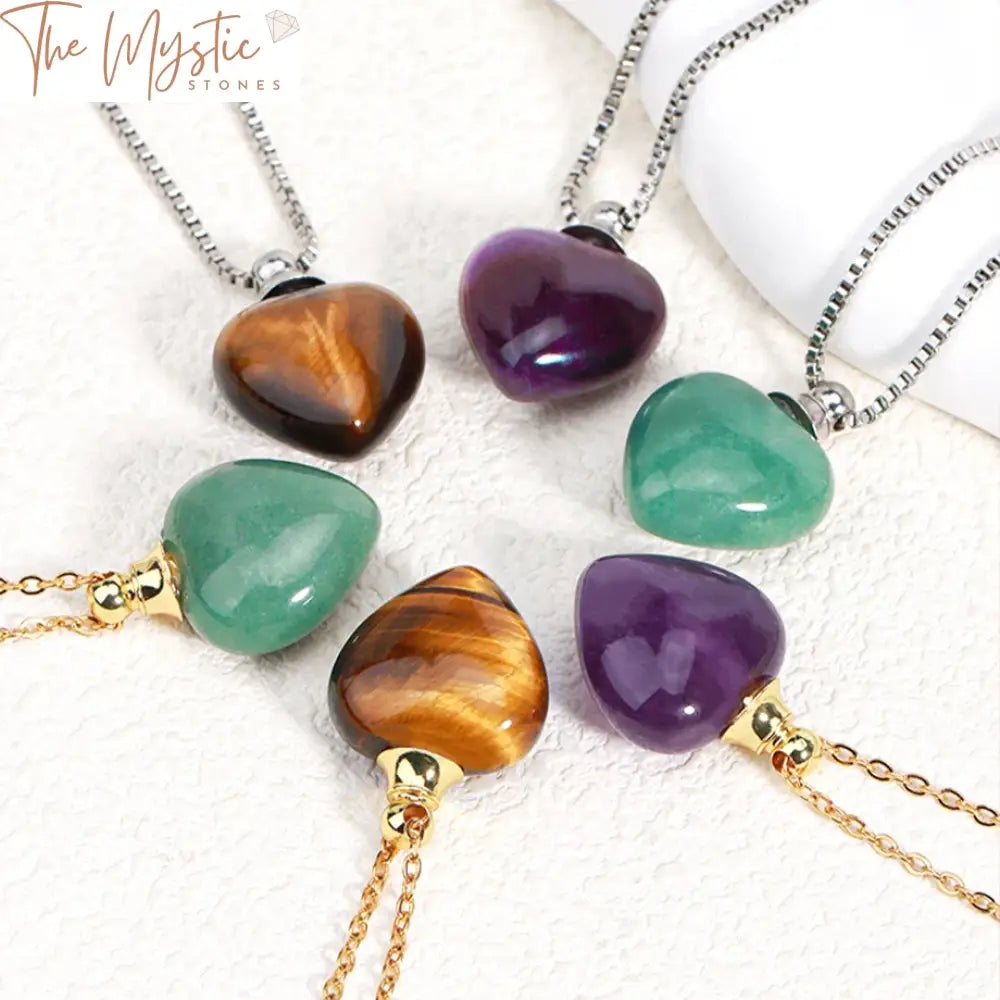 A natural stone perfume necklace featuring a heart-shaped crystal pendant.