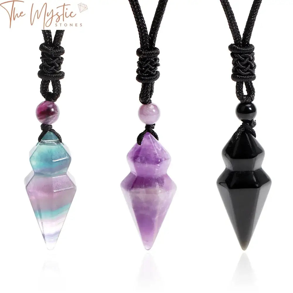 A collection of elegant cone-shaped pendant necklaces displayed against a plain background.