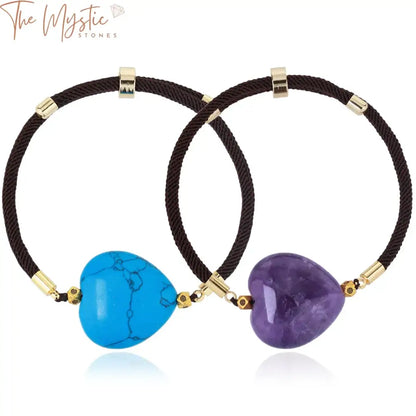 A heart-shaped bracelet featuring natural stone crystals including pink quartz, obsidian, and amethysts.