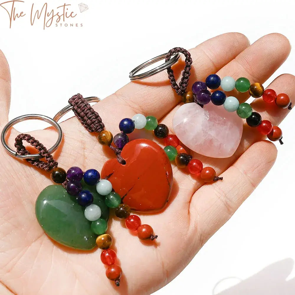 Heart Stone Quartz Crystal Chakra Keychain