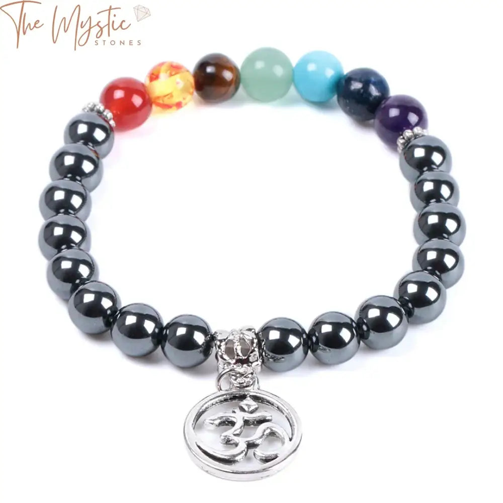 A collection of vibrant bracelets featuring colorful natural stones representing the 7 chakras, combined with hematite beads.