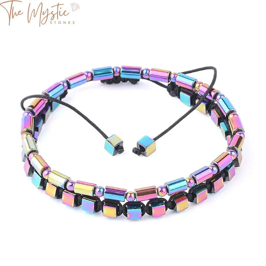 A stylish hematite bracelet featuring a magnetic design with an elastic weave.