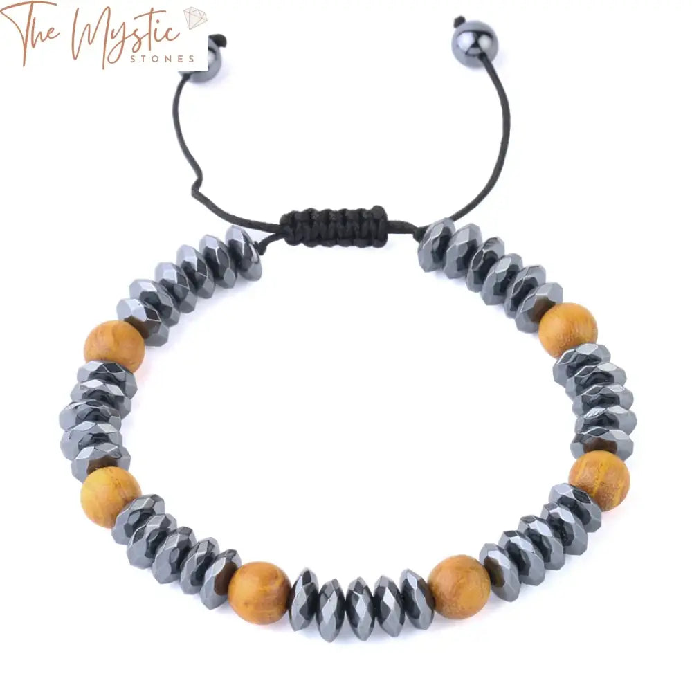 A unisex energy bracelet featuring a combination of natural stone hematite beads and mixed wooden beads.