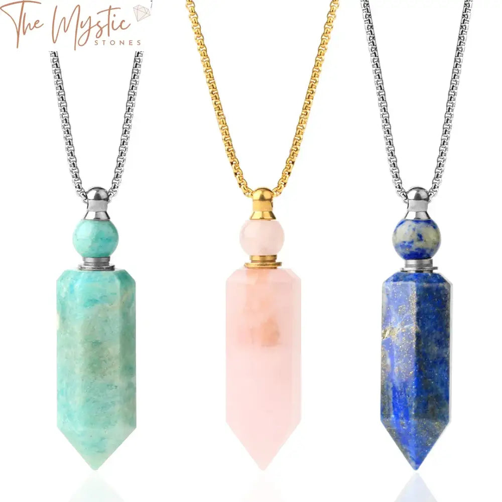 A collection of hexagon pillar perfume bottle necklaces featuring natural crystal stones in various colors.