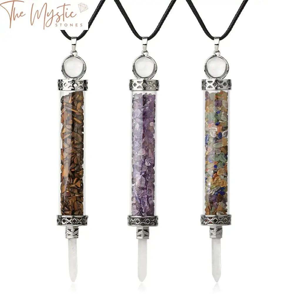 A collection of necklaces featuring natural stone pendants.